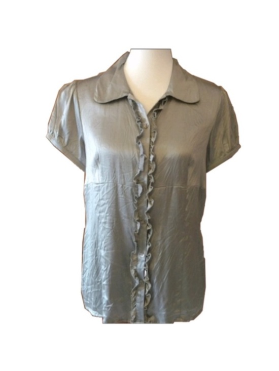 Tops - Dialogue Silk Ruffle Front Placket Peter Pan Collar Top, Silver Grey, [Size Sm]